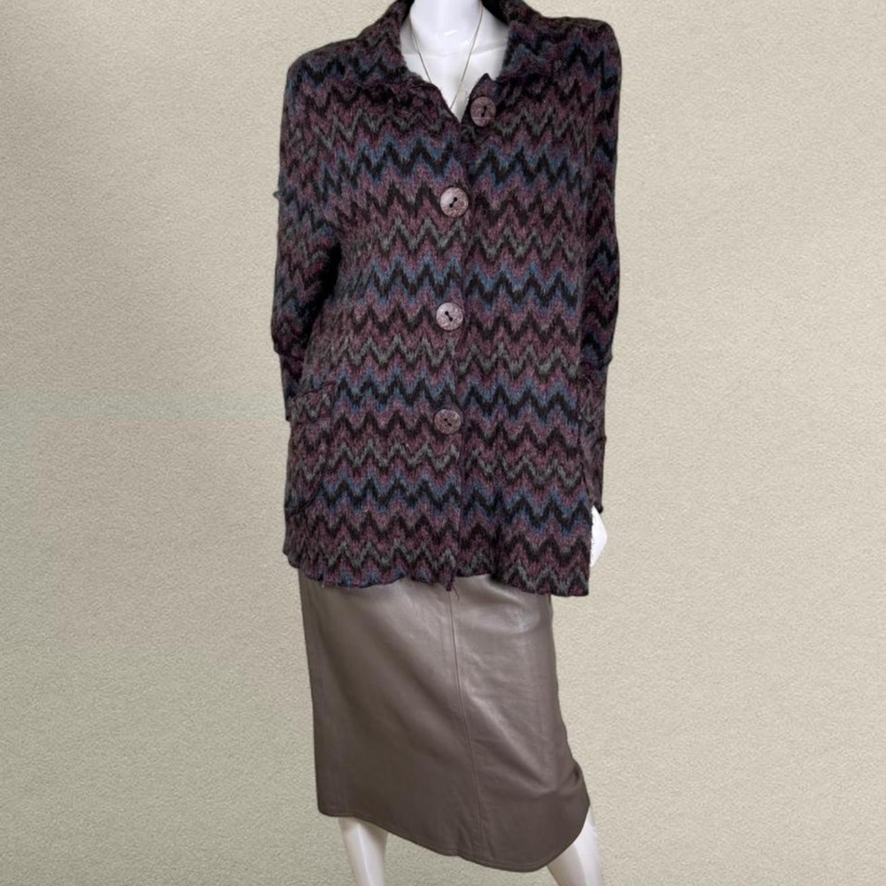 Chevron Wool Blend Cardigan Jacket – Purple & Teal – XL – Cozy‎ Statement Knit